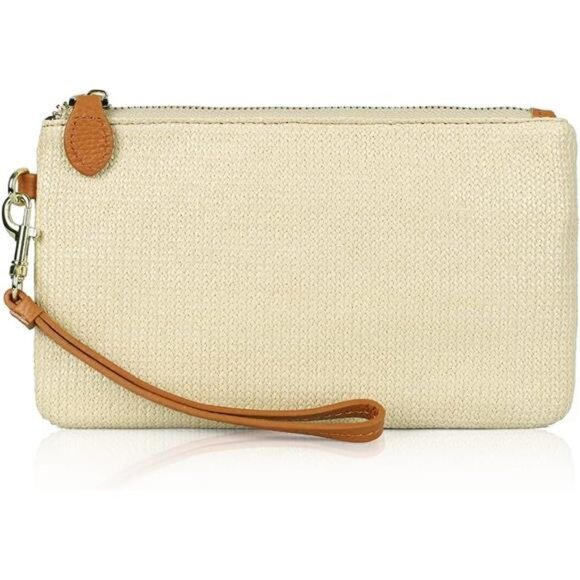Handbags - Women's Genuine Italian Leather Wristlet Straw Bag Tan